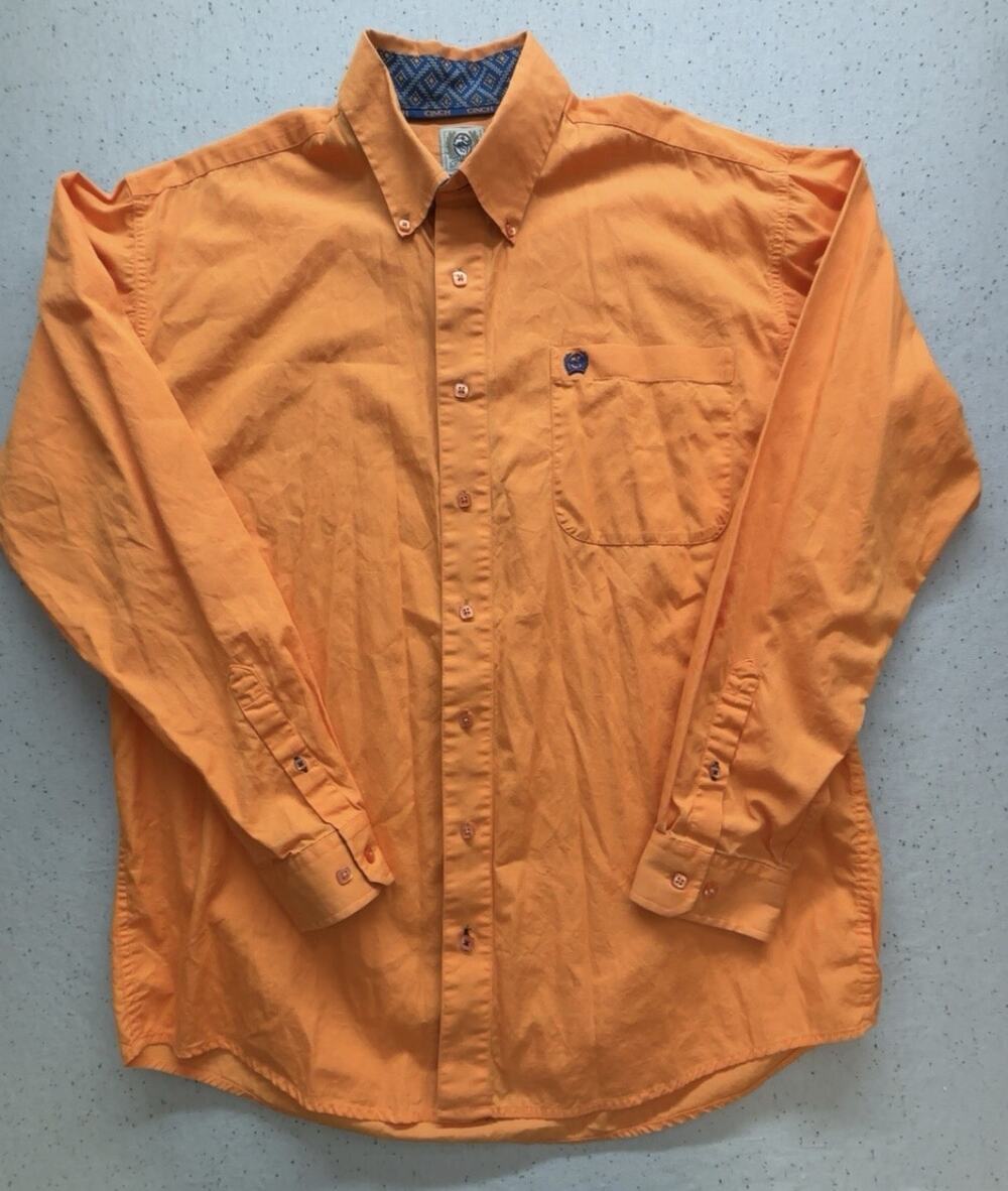 Cinch Men M Shirt Orange Long Sleeve Button Down Cotton Western Geo Trim Collar